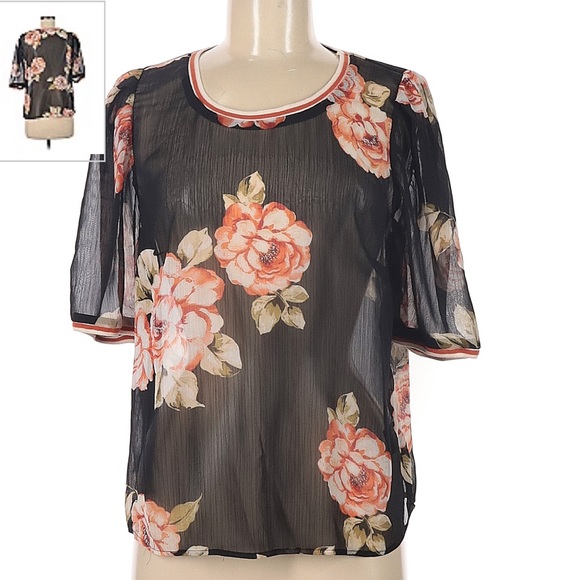 A New Day Large black blouse with red orange florals size Large - Picture 4 of 5